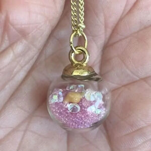 Light Pink Glass Globe Seashell Conch Crystal 14k Gold Station Chain Necklace